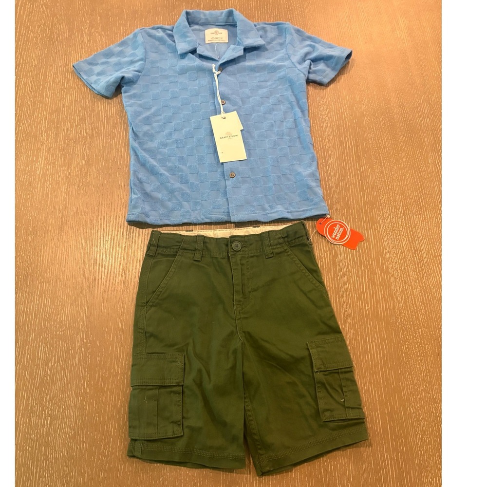 Craft + Flow Boys lot Size 5 Blue Check Up + Wonder Nation Cargo‎ Shorts 7 NWT